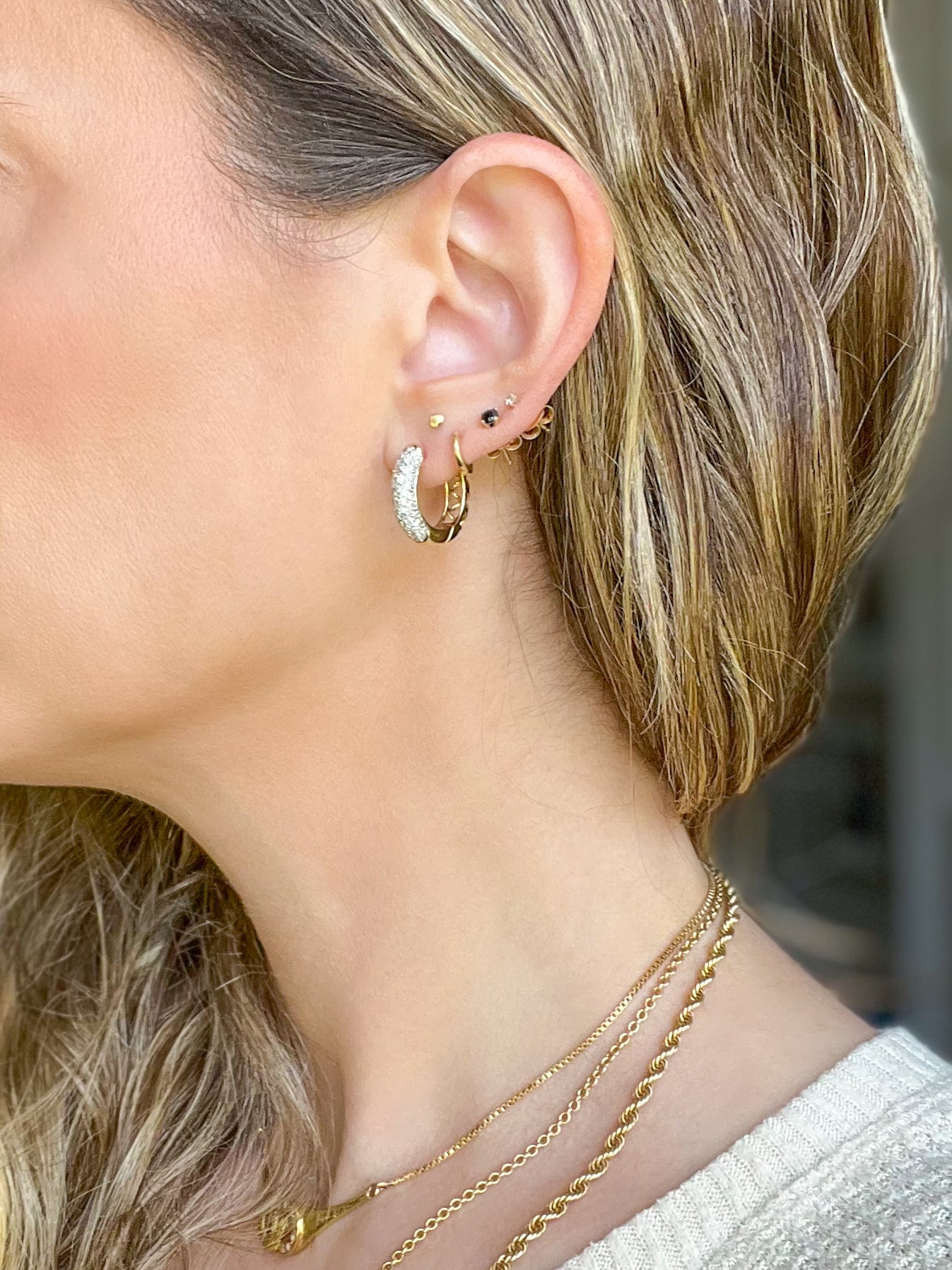 Natural Diamond Encrusted 14k Yellow Gold Huggie Earrings