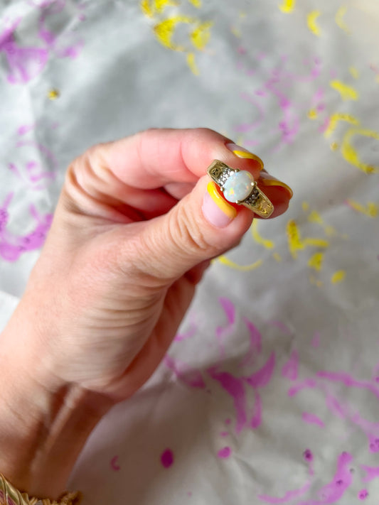 Vintage Natural Opal and Natural Diamond 10k Yellow Gold Ring