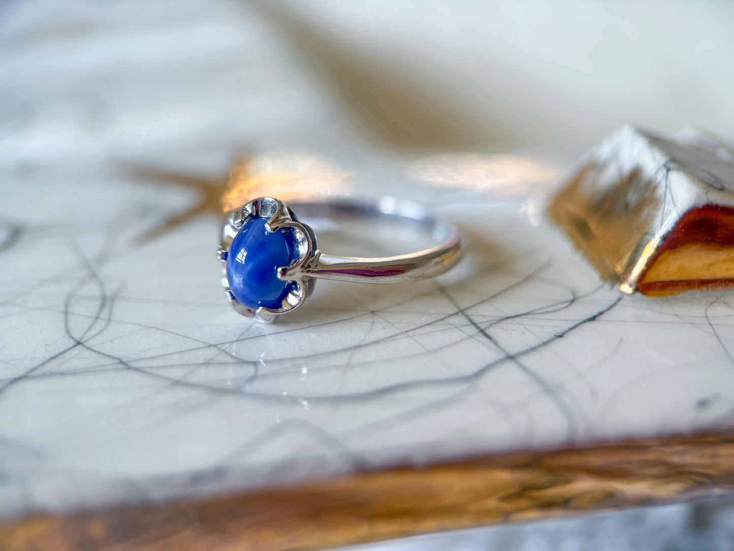 Vintage Synthetic Star Sapphire 10k White Gold Ring