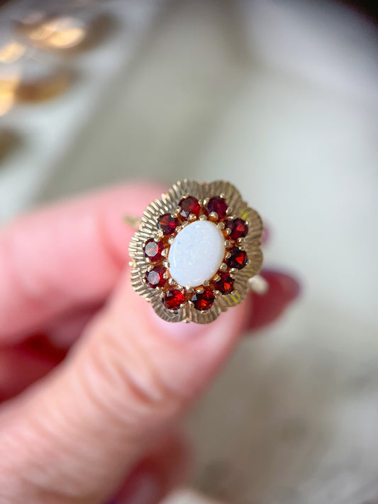 Vintage Natural Opal and Garnet 10k Yellow Gold Siffari Ring