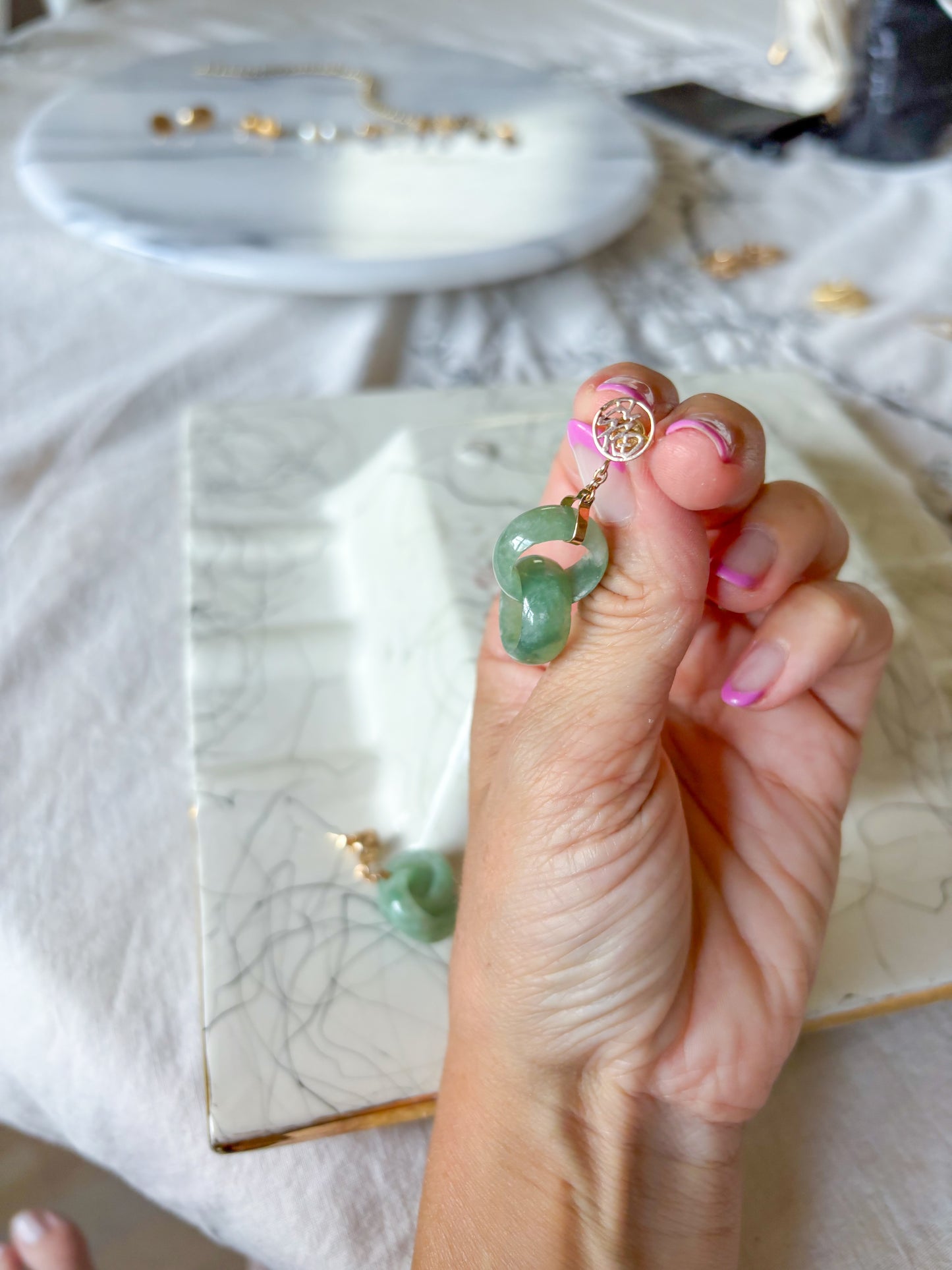 Vintage Jade Drop 14k Yellow Gold Earrings