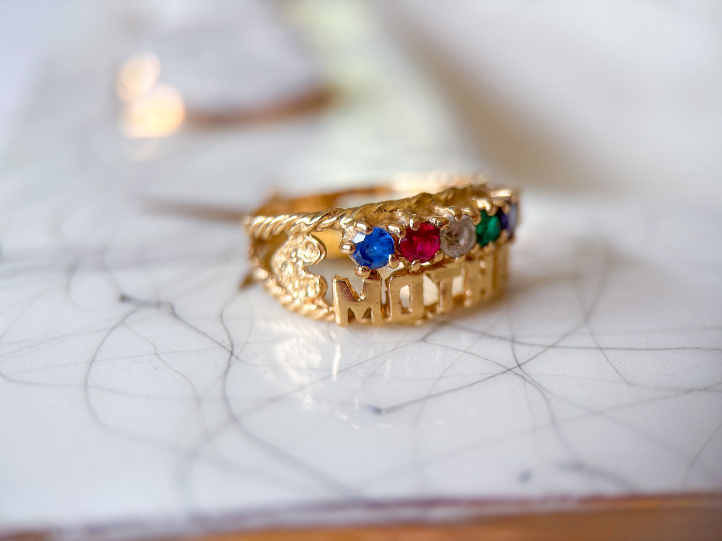 Vintage Multi Synthetic Gemstone 14k Yellow Gold "Mother's Ring"