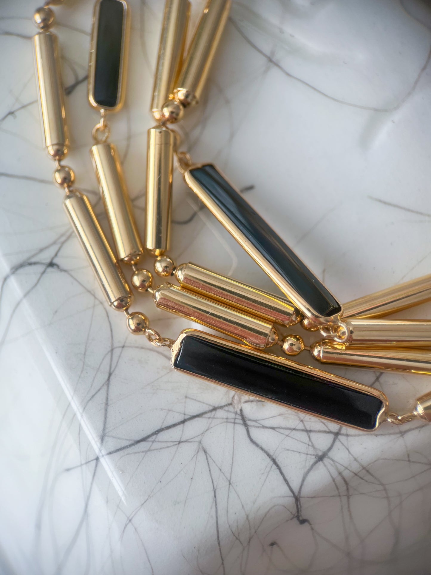 Vintage Onyx 14k Yellow Gold Ball and Bar 30 Inch Chain