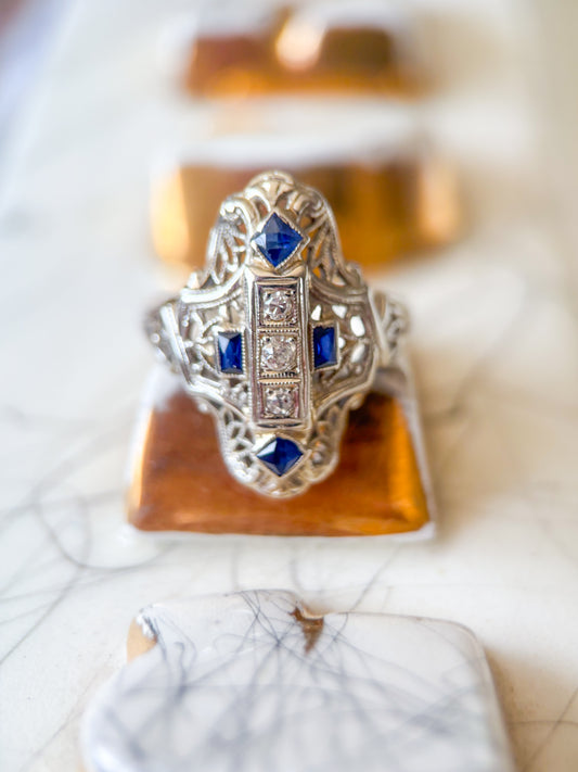 Vintage Natural Diamond and Natural Sapphire 14k White Gold Statement Ring