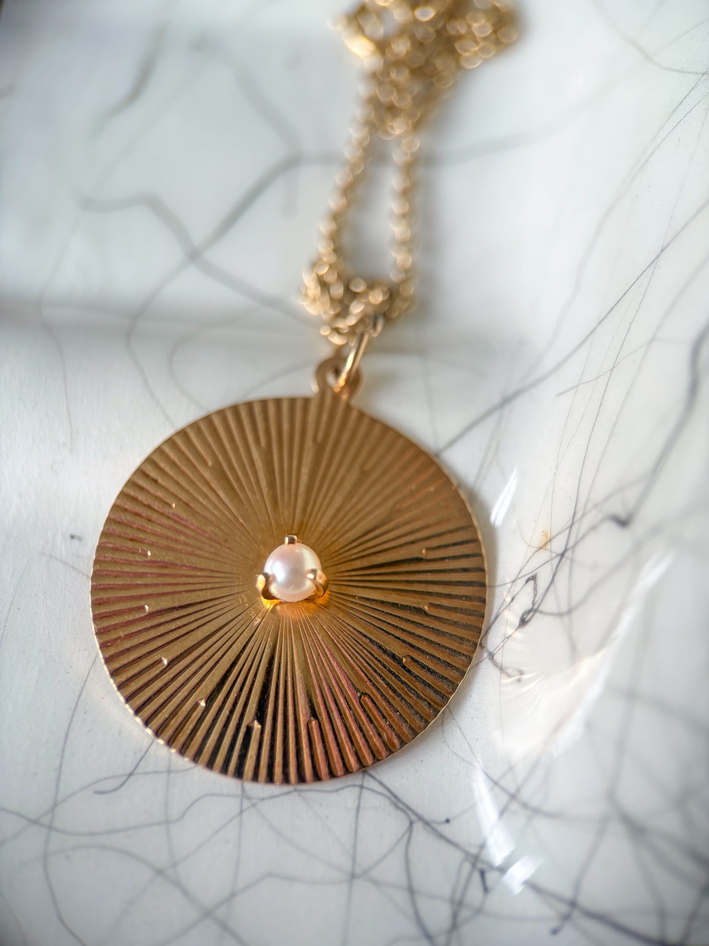 Vintage Engine Turned Disk with Pearl 14k Yellow Gold Charm