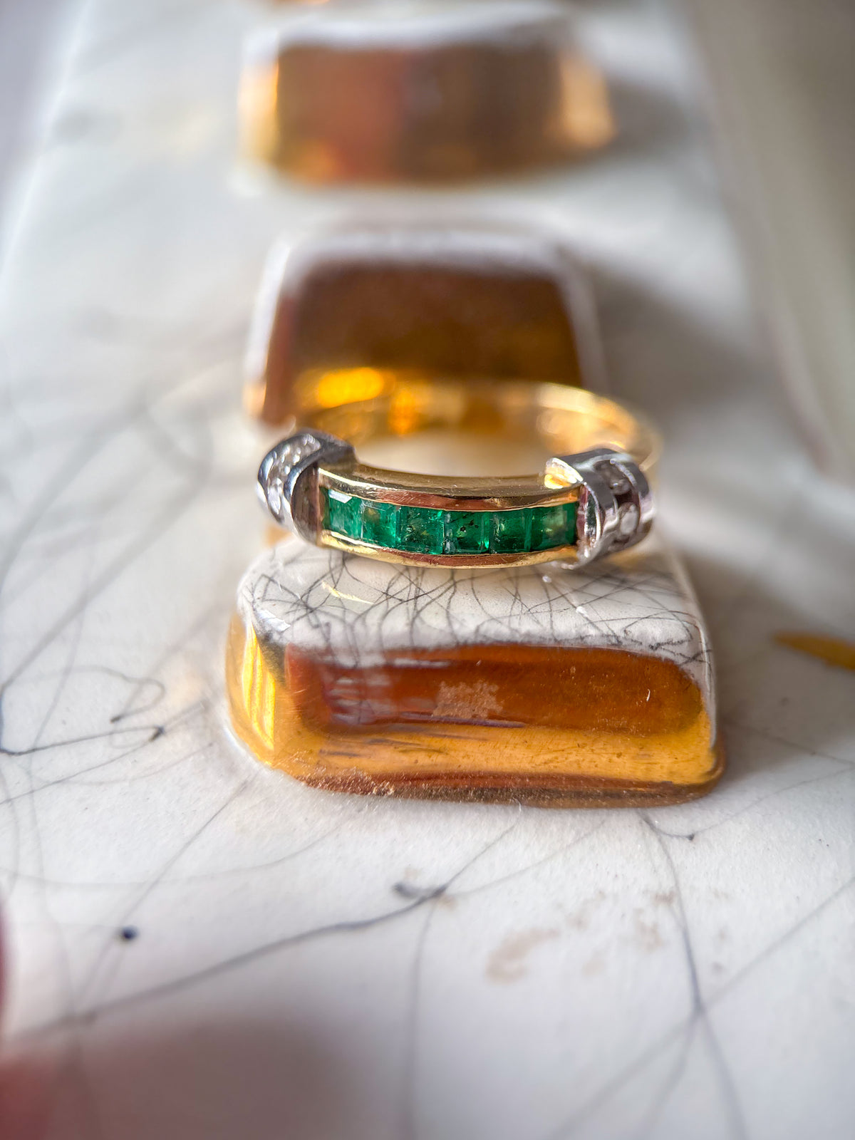 Vintage Natural Emerald and Natural Diamond Two Toned 14k Yellow and White Gold Band