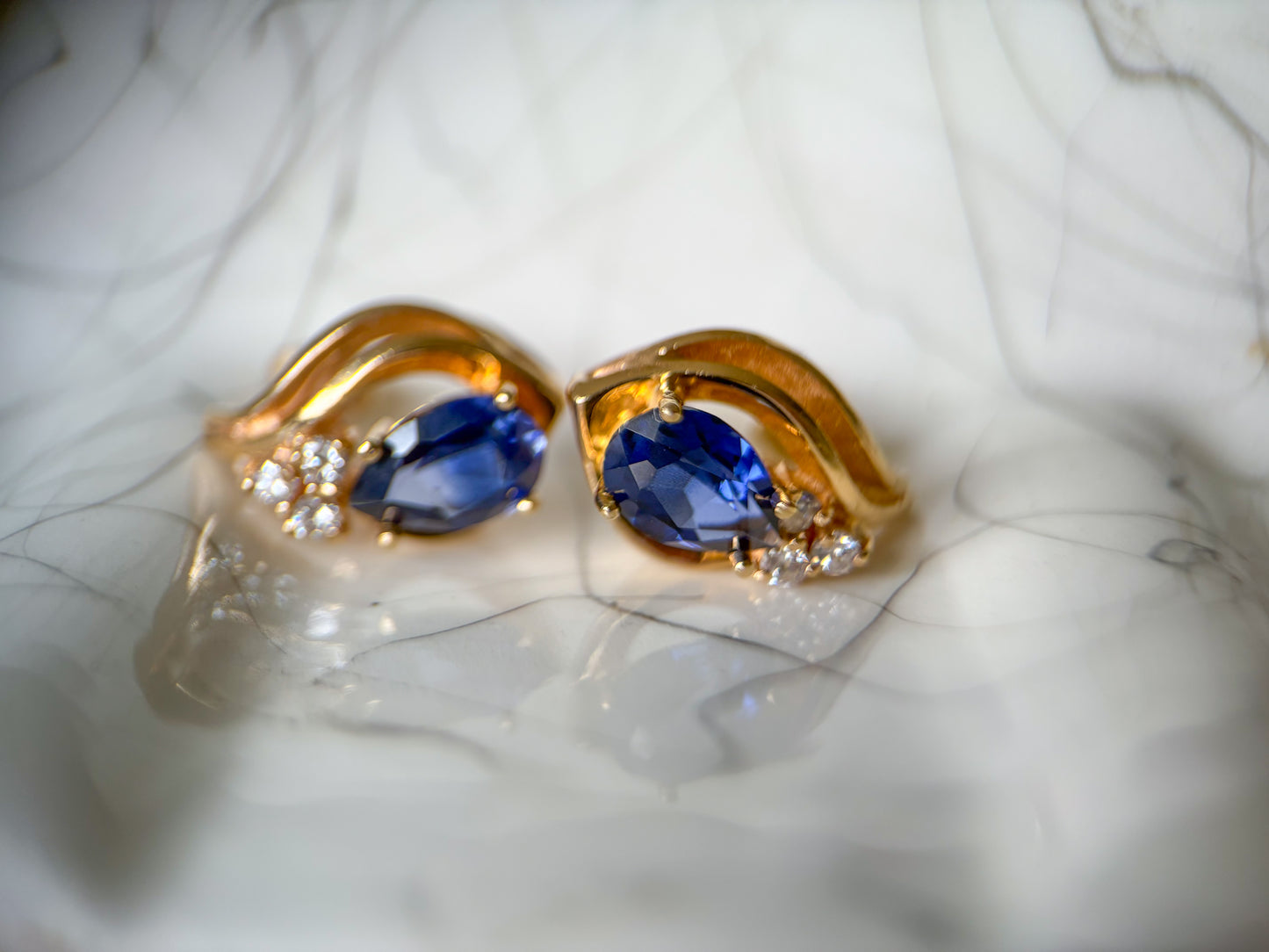 Vintage Natural Diamonds with Synthetic Blue Stone 14k Yellow Gold Earrings