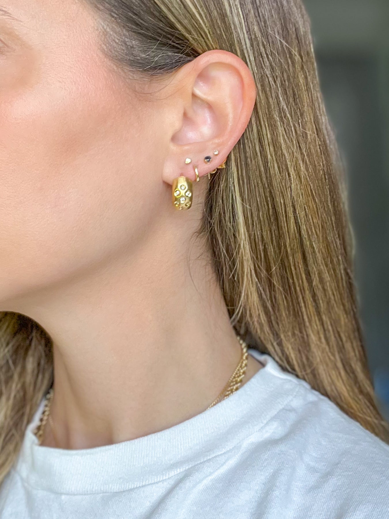 Vintage 14k Yellow Gold Matte Half Hoops with CZ Earrings