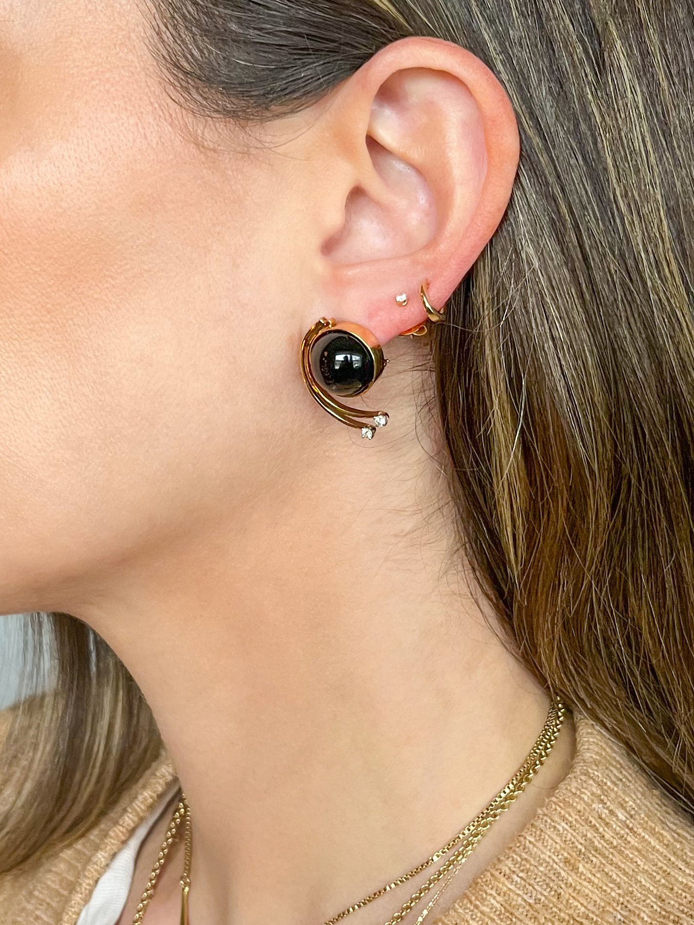 Vintage Onyx and Natural Diamond 14k Yellow Gold Large Stud Earrings, circa 1980s