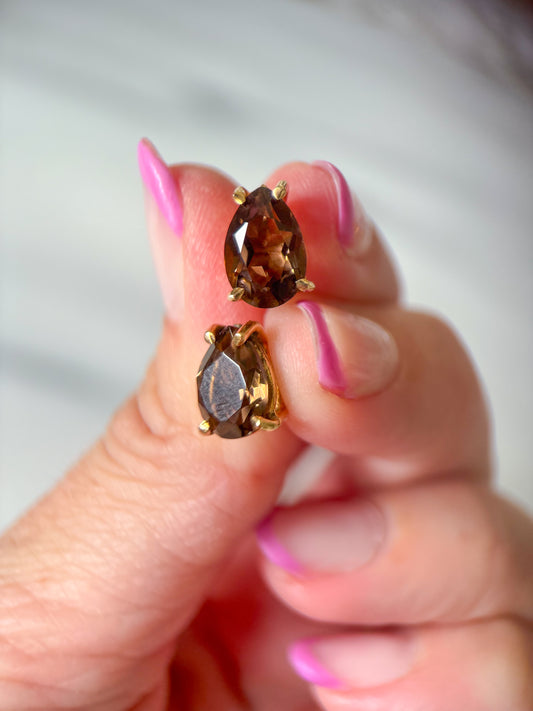 Vintage Pear Shaped Smokey Topaz 14k Yellow Gold Stud Earrings