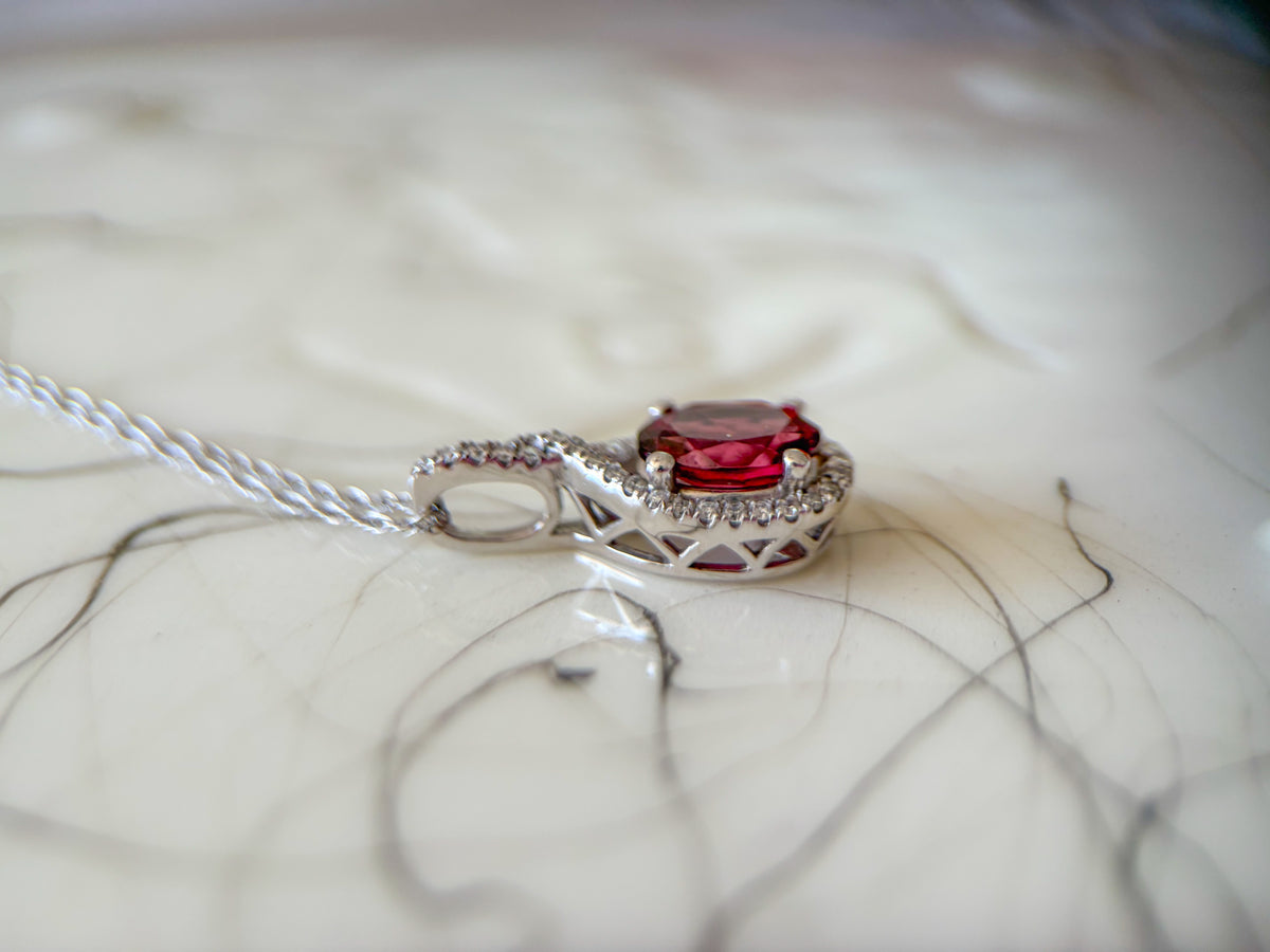 Vintage 10k White Gold and Natural Rhodolite and Diamond Charm with Chain