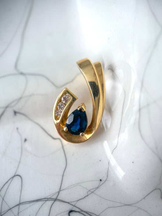 Vintage Natural Pear Shaped Sapphire and Diamond Slider 14k Yellow Gold Charm