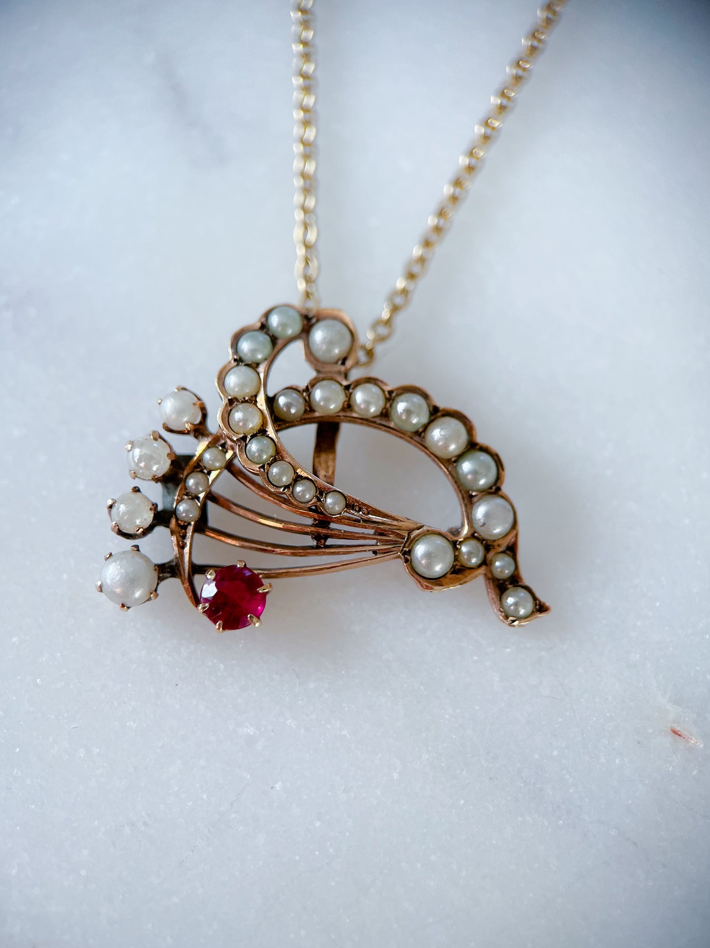 Victorian Era Pearl and Ruby 14k Yellow Gold Brooch Pendant