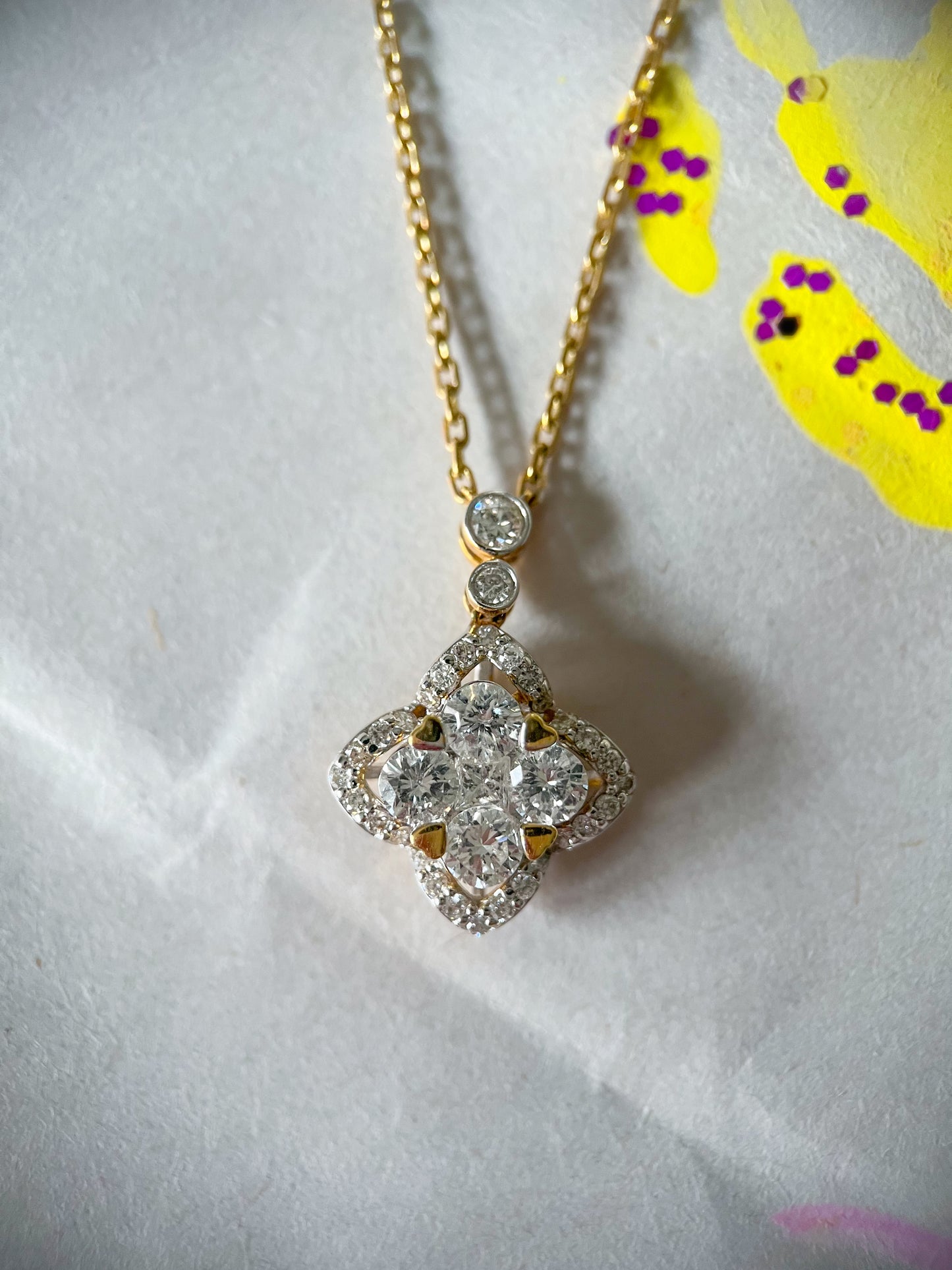 Natural Diamond Clover 18k Yellow Gold Charm with Chain
