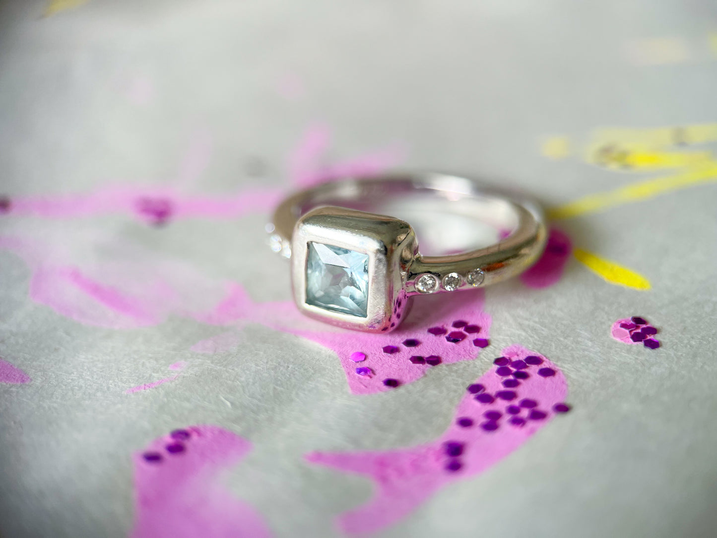 Vintage Natural Aquamarine and Diamond 14k White Gold Ring