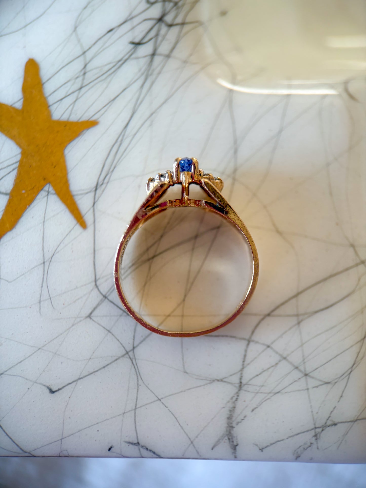 Vintage Natural Diamond and Blue Stone 14k Yellow Gold Ring