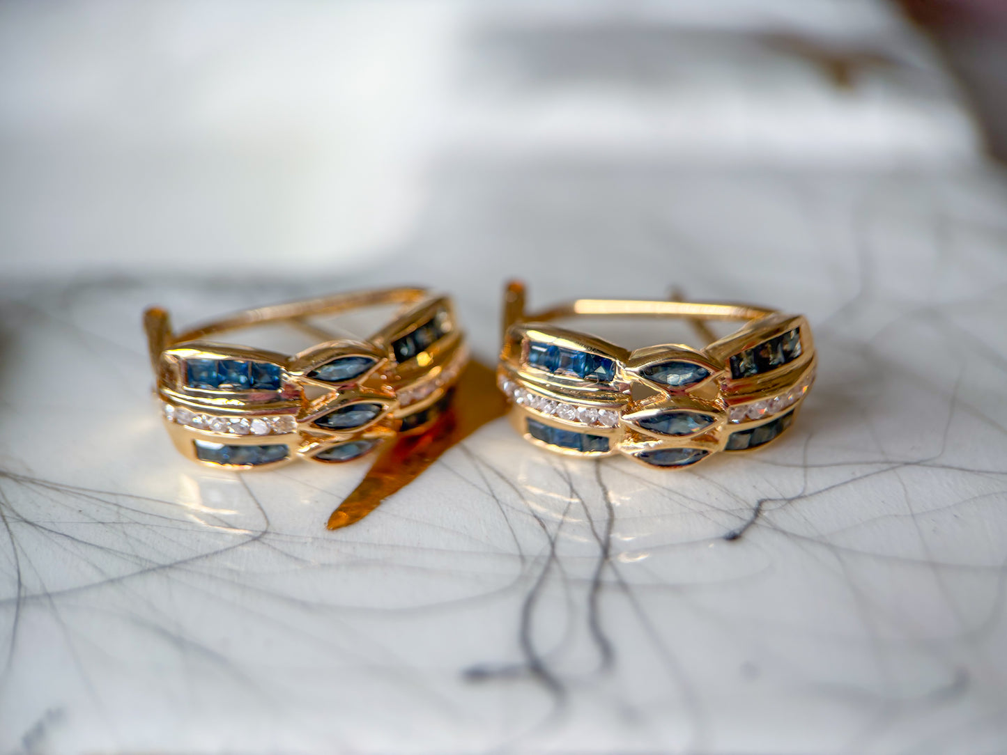 Vintage Natural Sapphire and Diamond 14k Yellow Gold Half Hoop Earrings