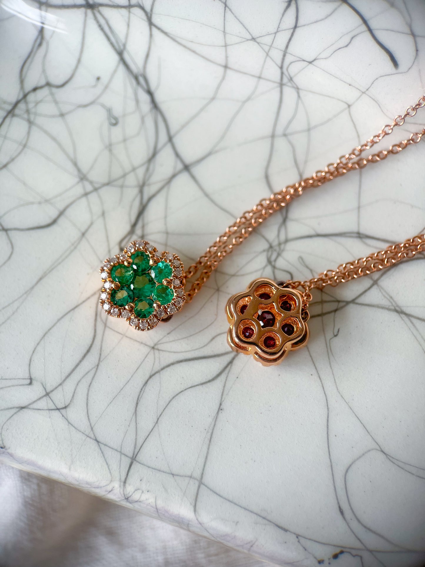 Natural Ruby, Emerald and Diamond Flower Charms in 14k Rose Gold