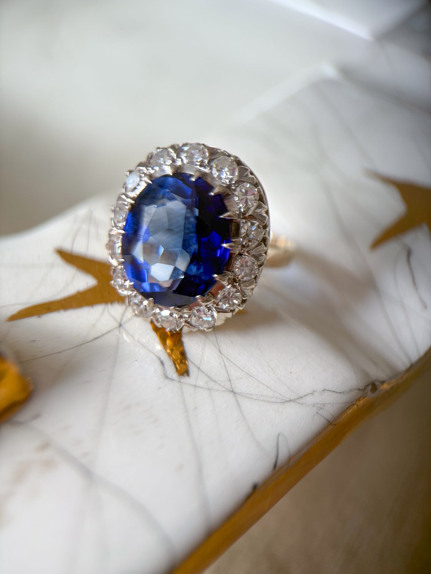 Vintage Natural Diamond and Blue Stone 10k White Gold Statement Ring