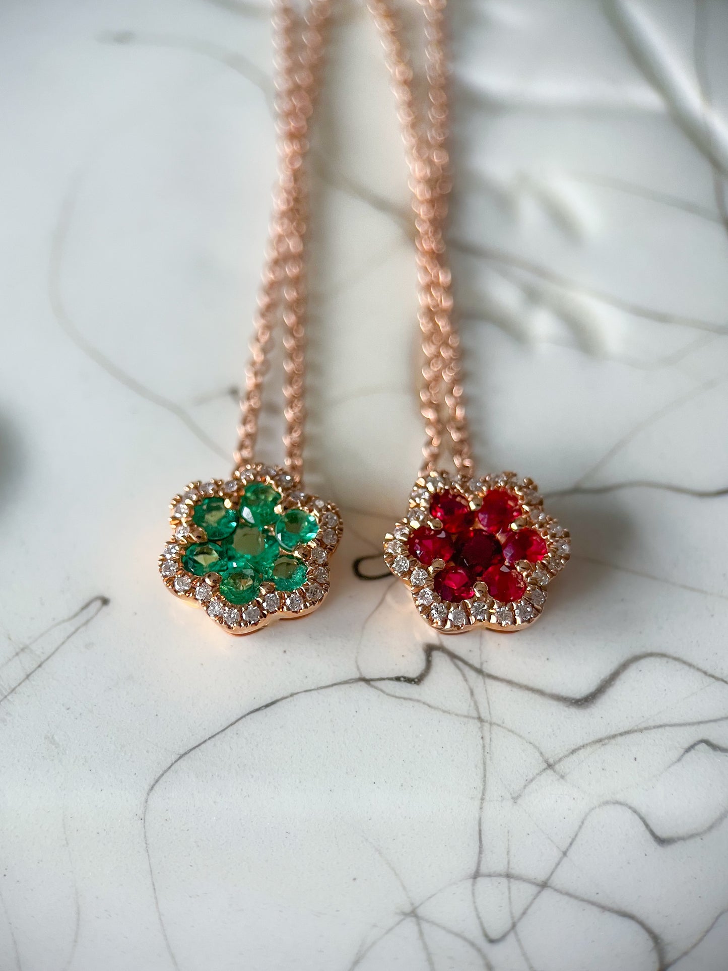 Natural Ruby, Emerald and Diamond Flower Charms in 14k Rose Gold