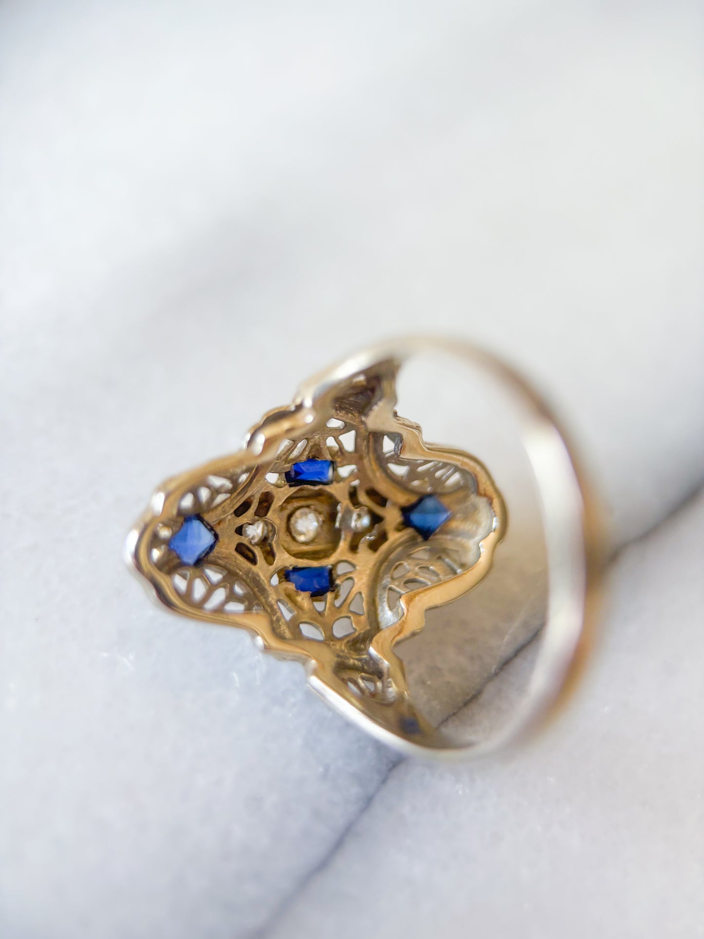 Vintage Natural Diamond and Natural Sapphire 14k White Gold Statement Ring