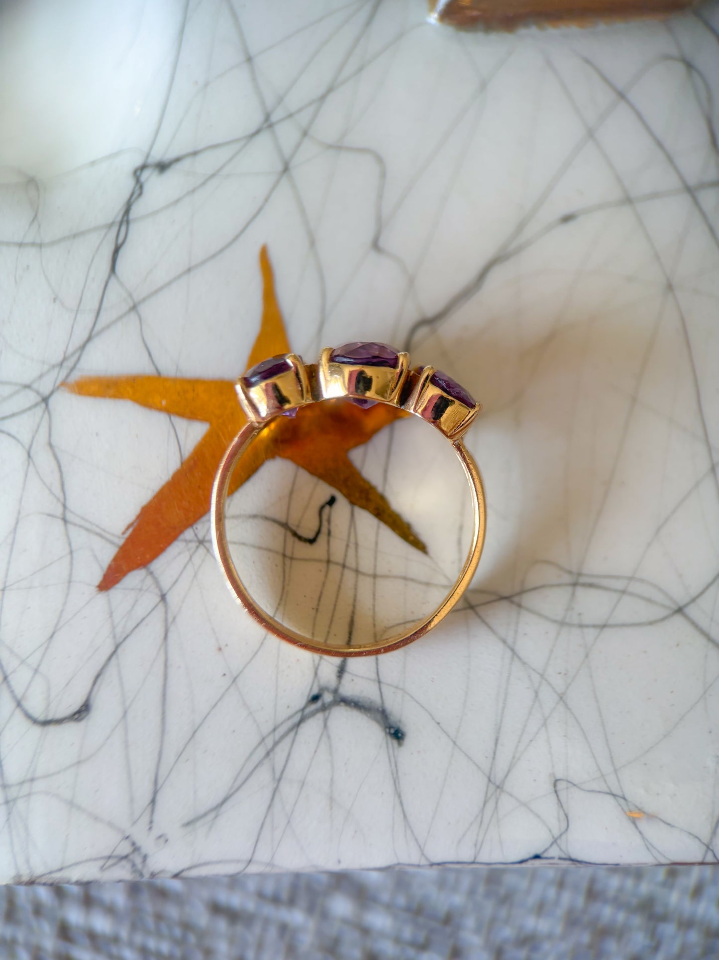 Vintage Amethyst 3 Stone 14k Yellow Gold Ring
