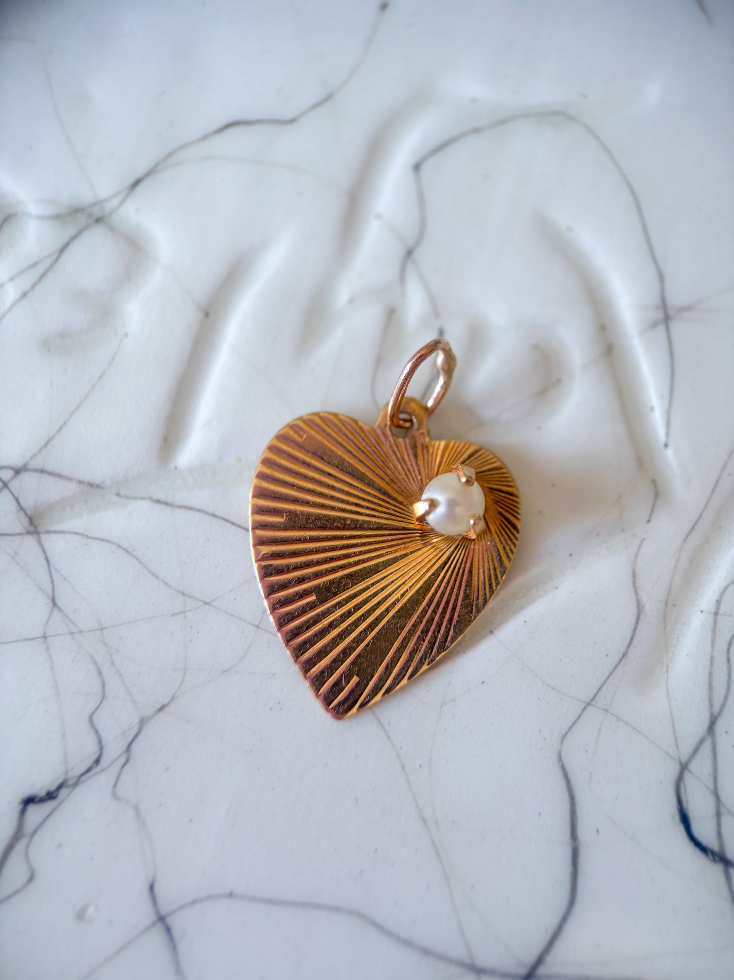 Vintage Engine Turned Heart 14k Yellow Gold Charm with Pearl