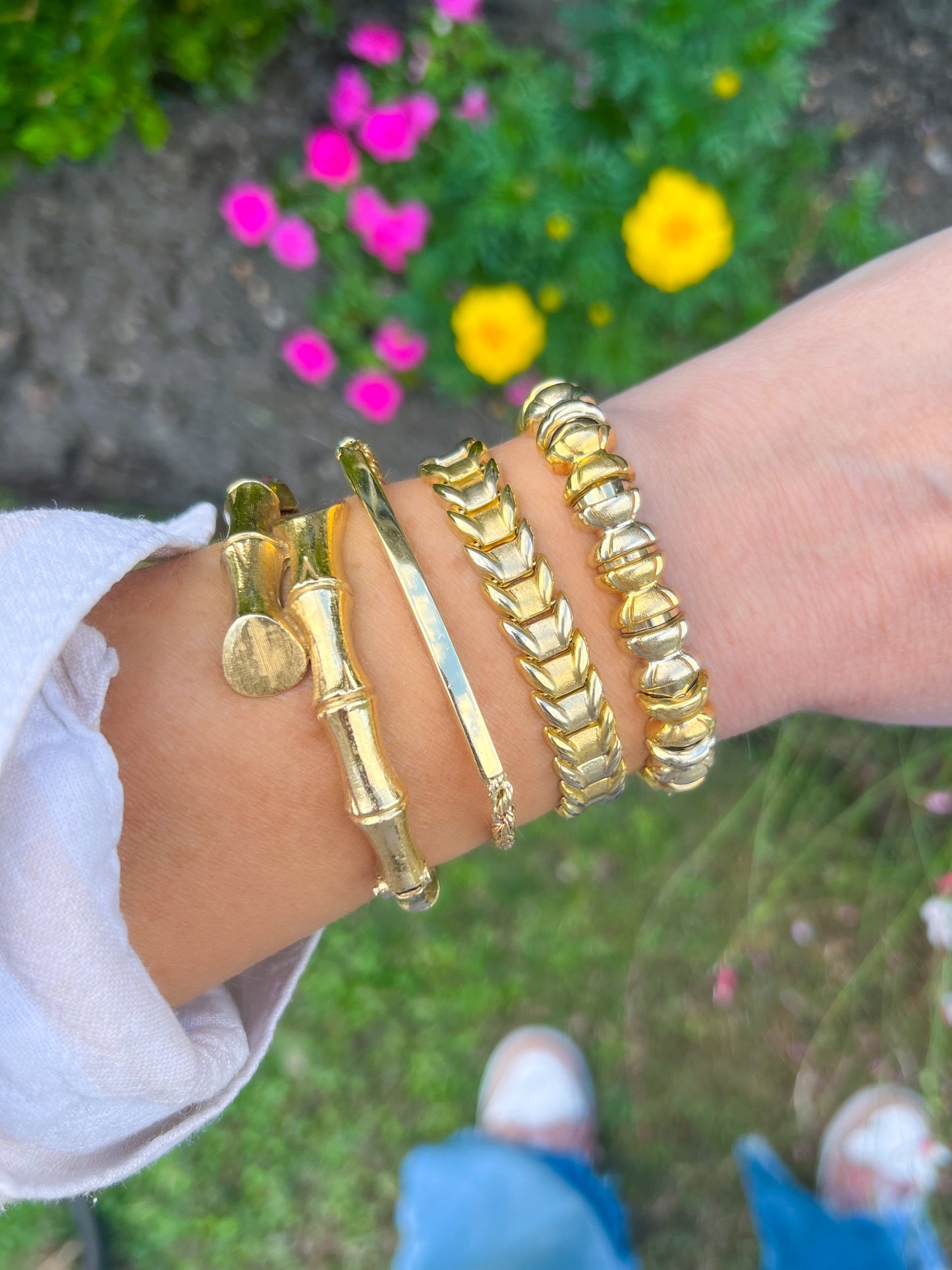 Vintage 14k White Gold and Yellow Gold Two Toned Flat Link and Chunky Bracelets