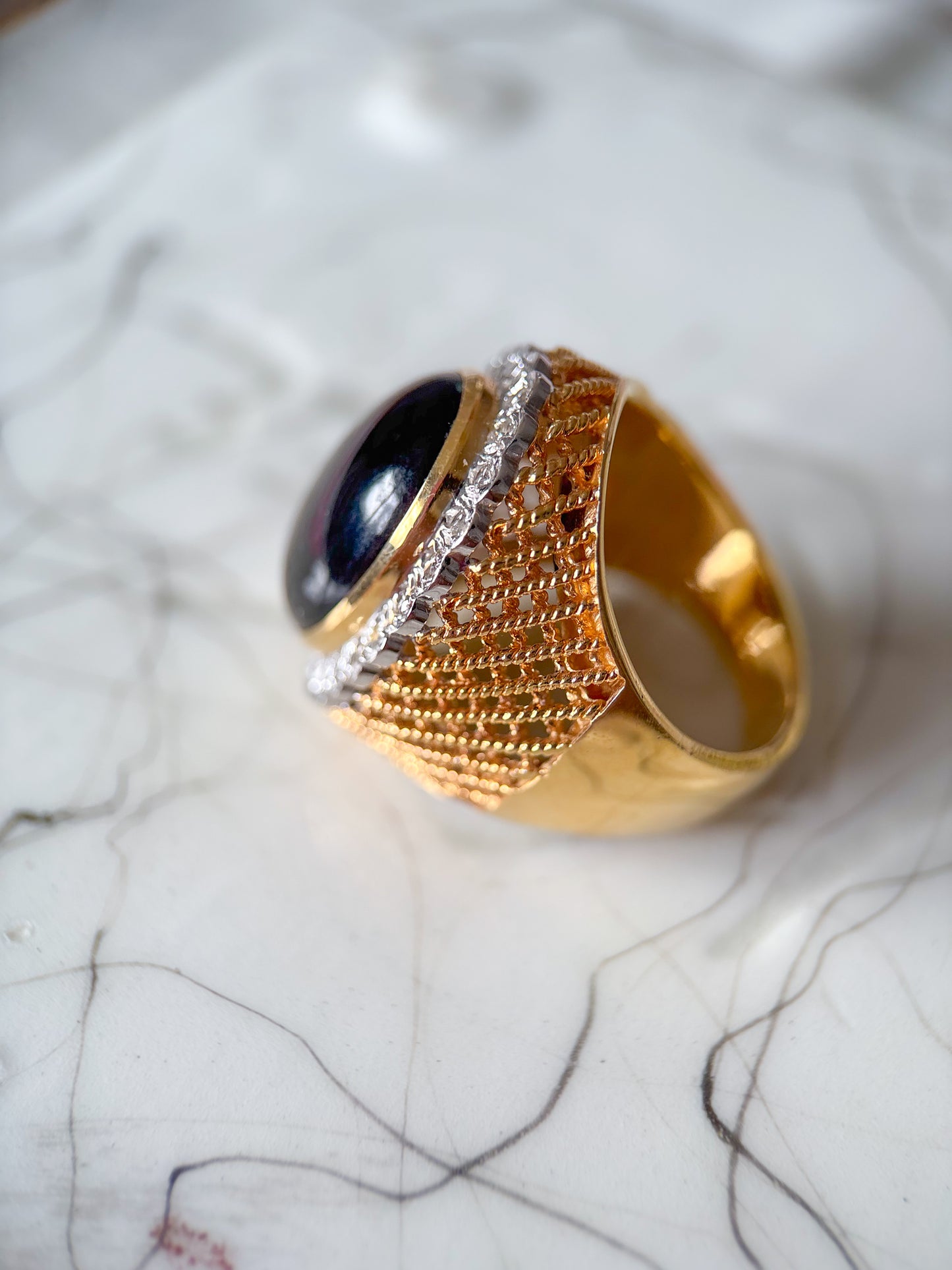 Vintage Onyx and Natural Diamond 18k Yellow Gold Statement Ring