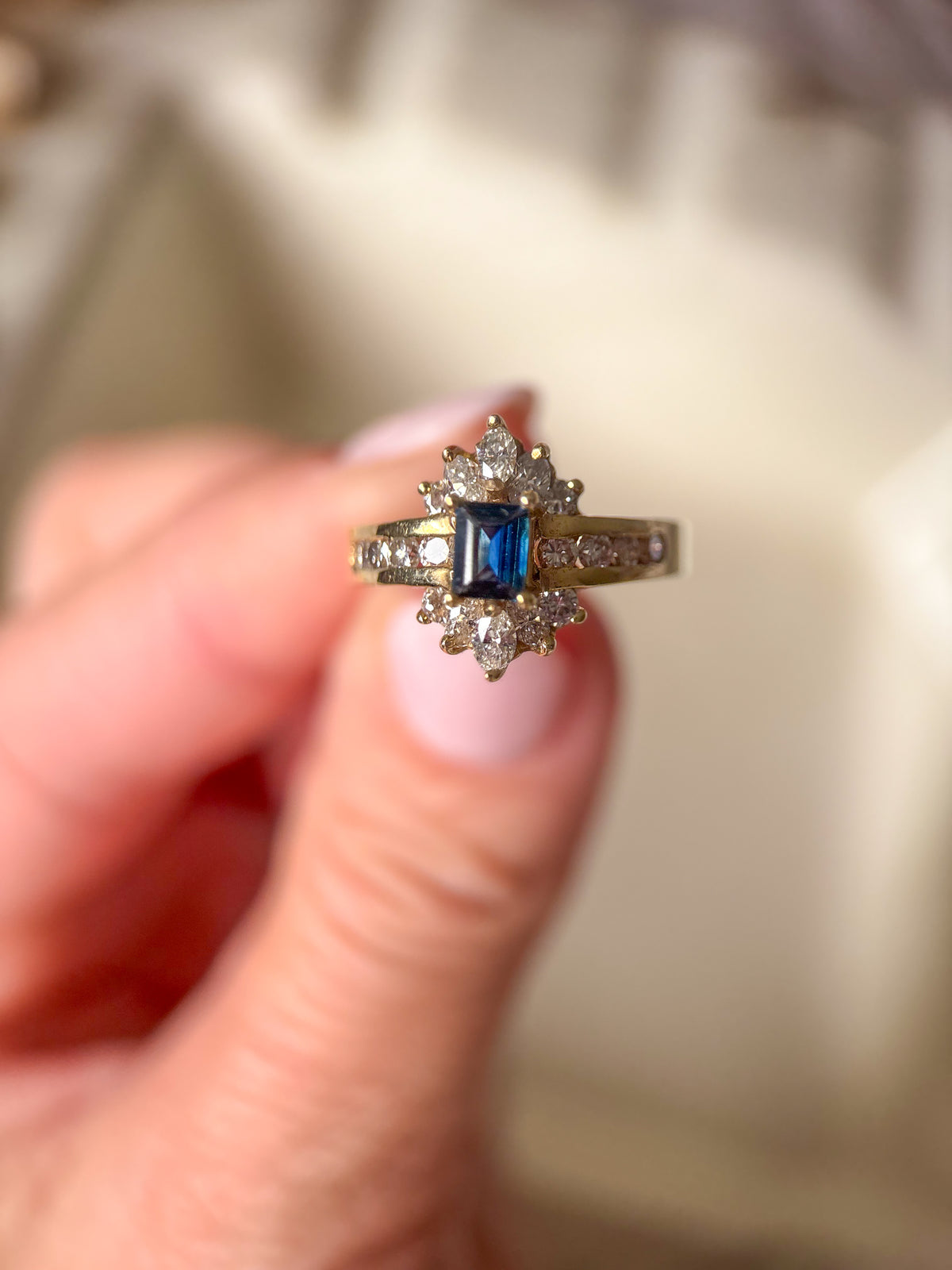 Vintage Emerald Shape Natural Sapphire and Diamond 14k Yellow Gold Ring