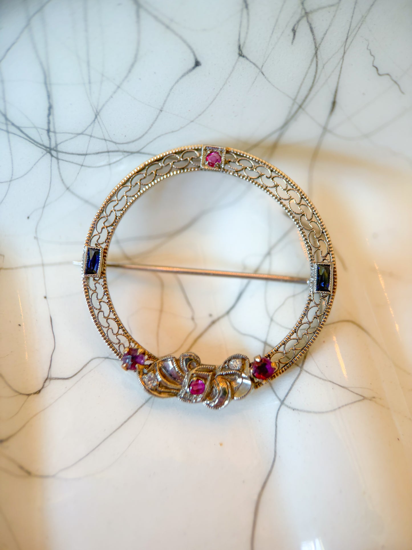 Vintage Art Deco 14k White Gold Filigree Brooch Featuring Natural Gemstones