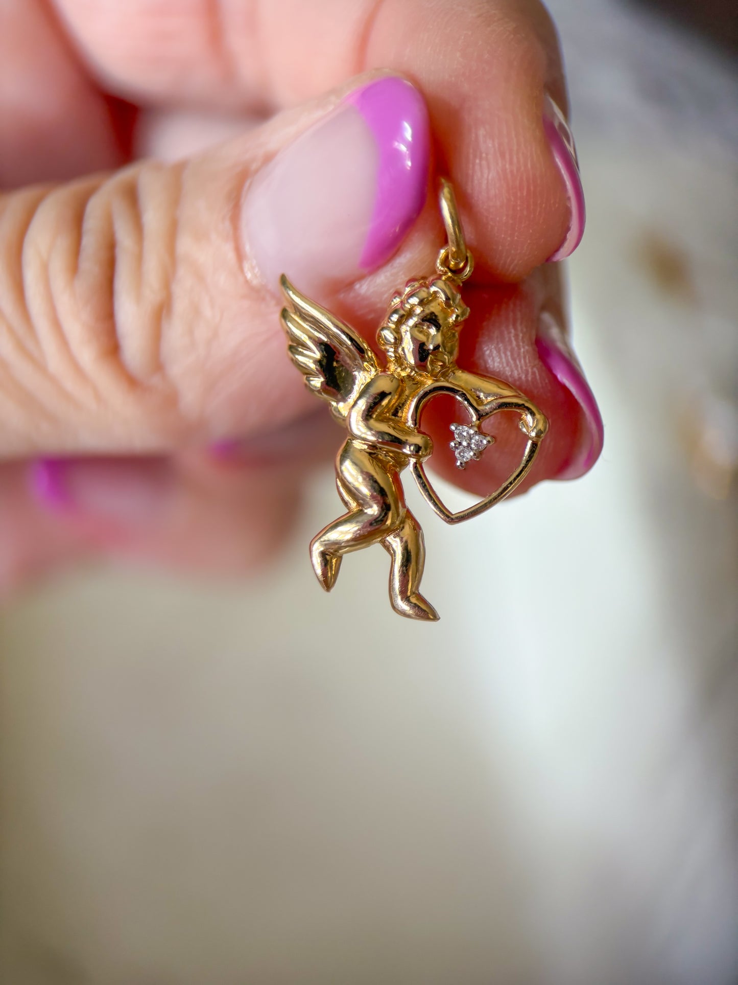 Vintage Cupid Natural Diamonds 14k Yellow Gold Charm