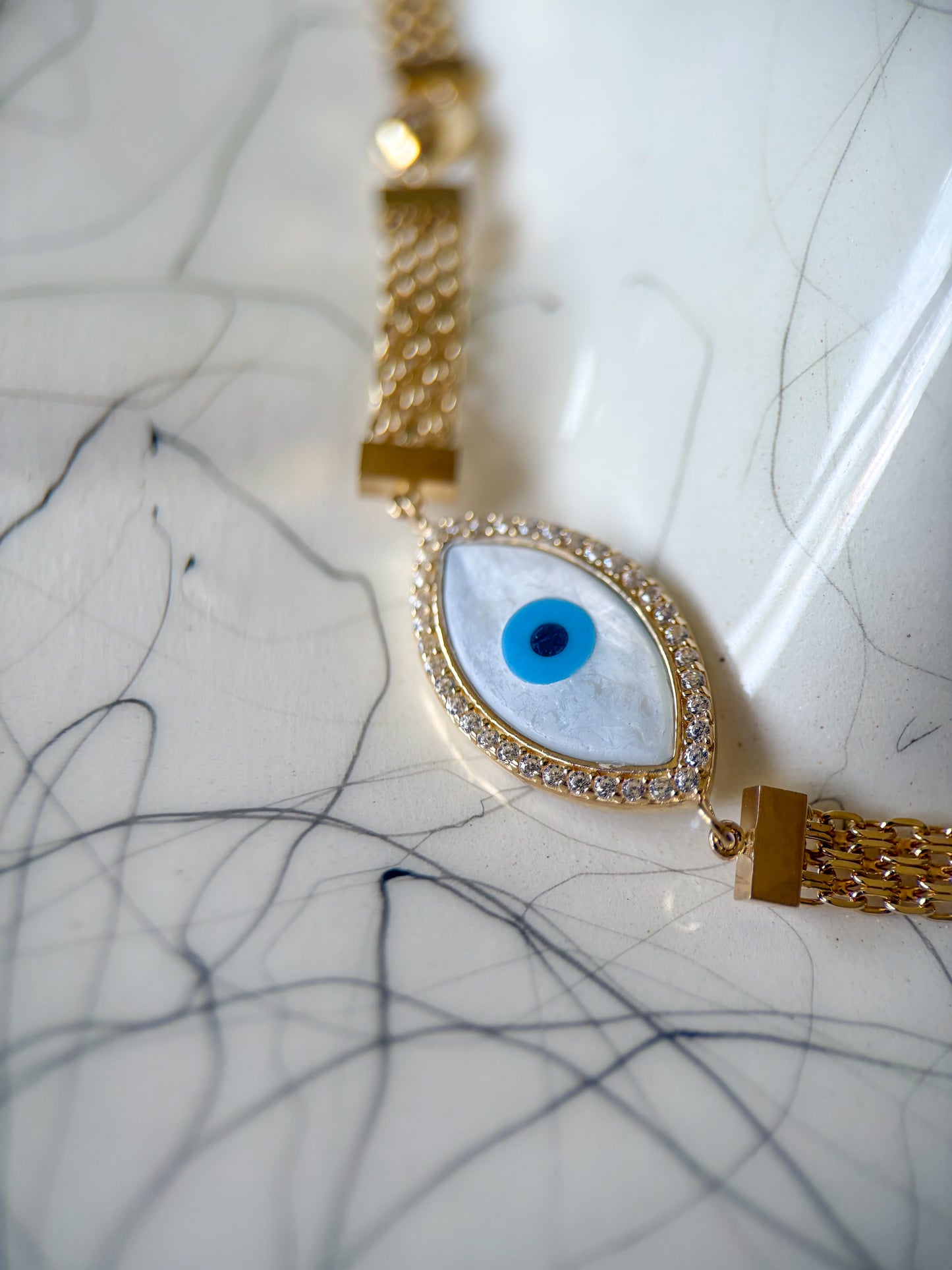 Evil Eye 10k Yellow Gold 7 Inch Byzantine Bracelet