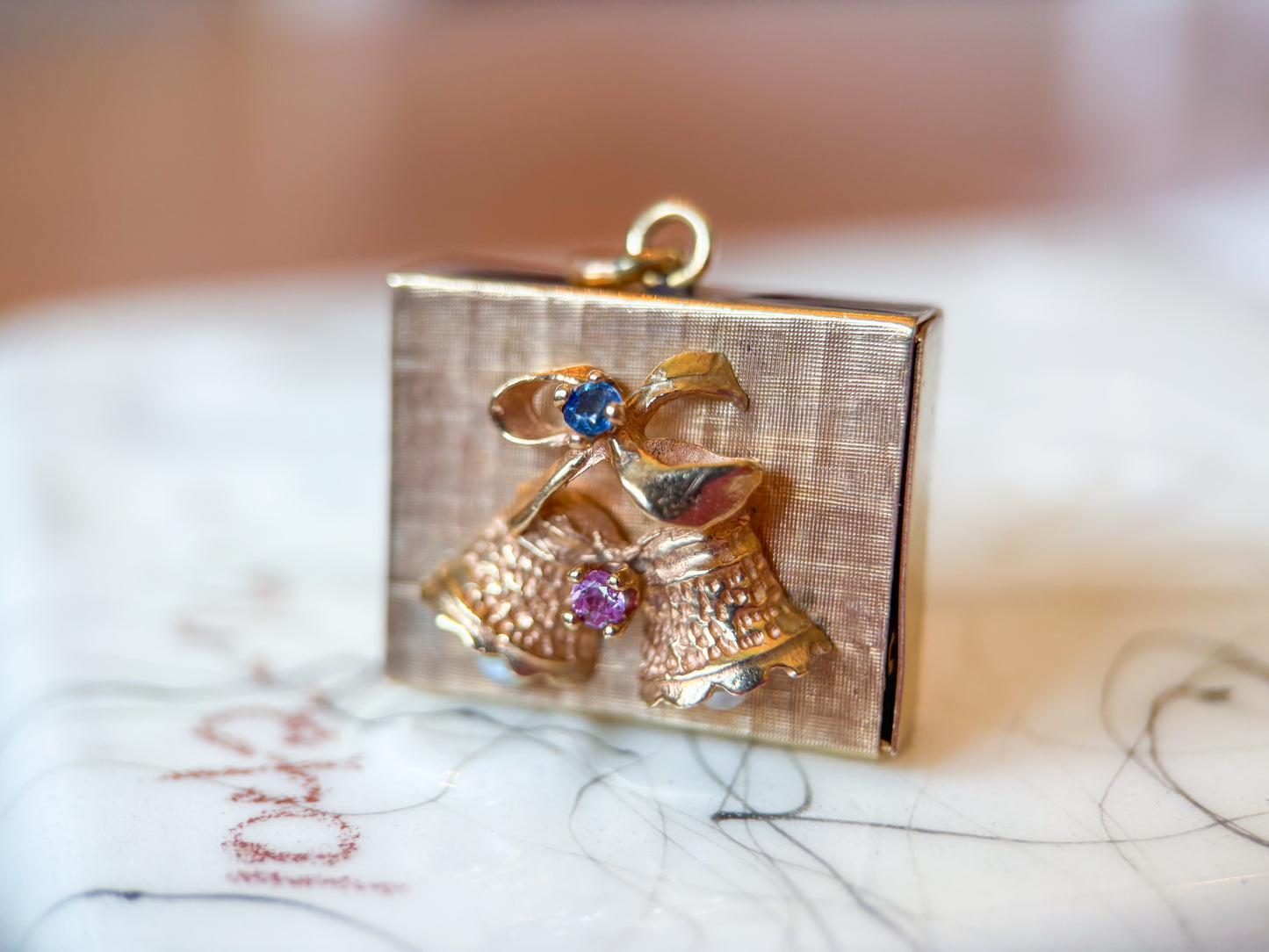 Vintage Music Box 14k Yellow Gold and Pearls Ruby and Sapphire, circa 1950s