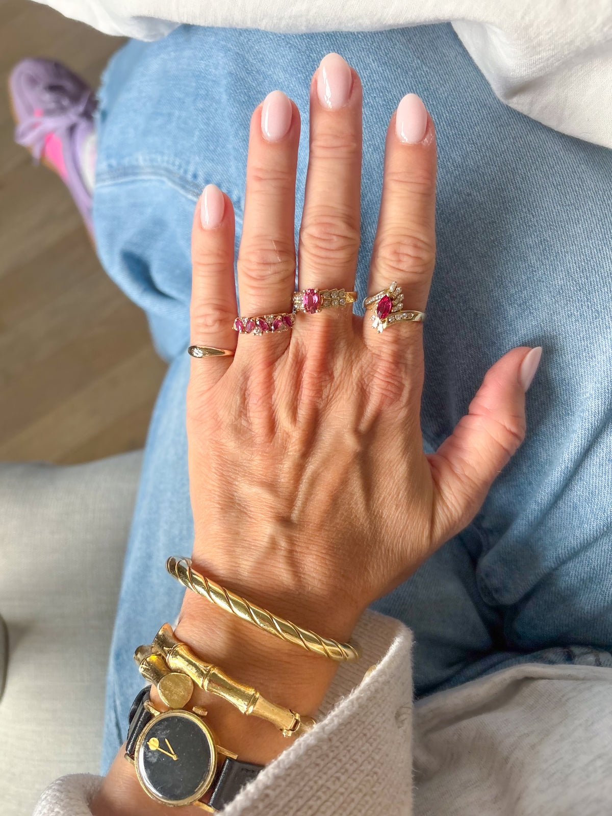 Vintage Natural Ruby and Natural Diamond Cluster 14k Yellow Gold Ring