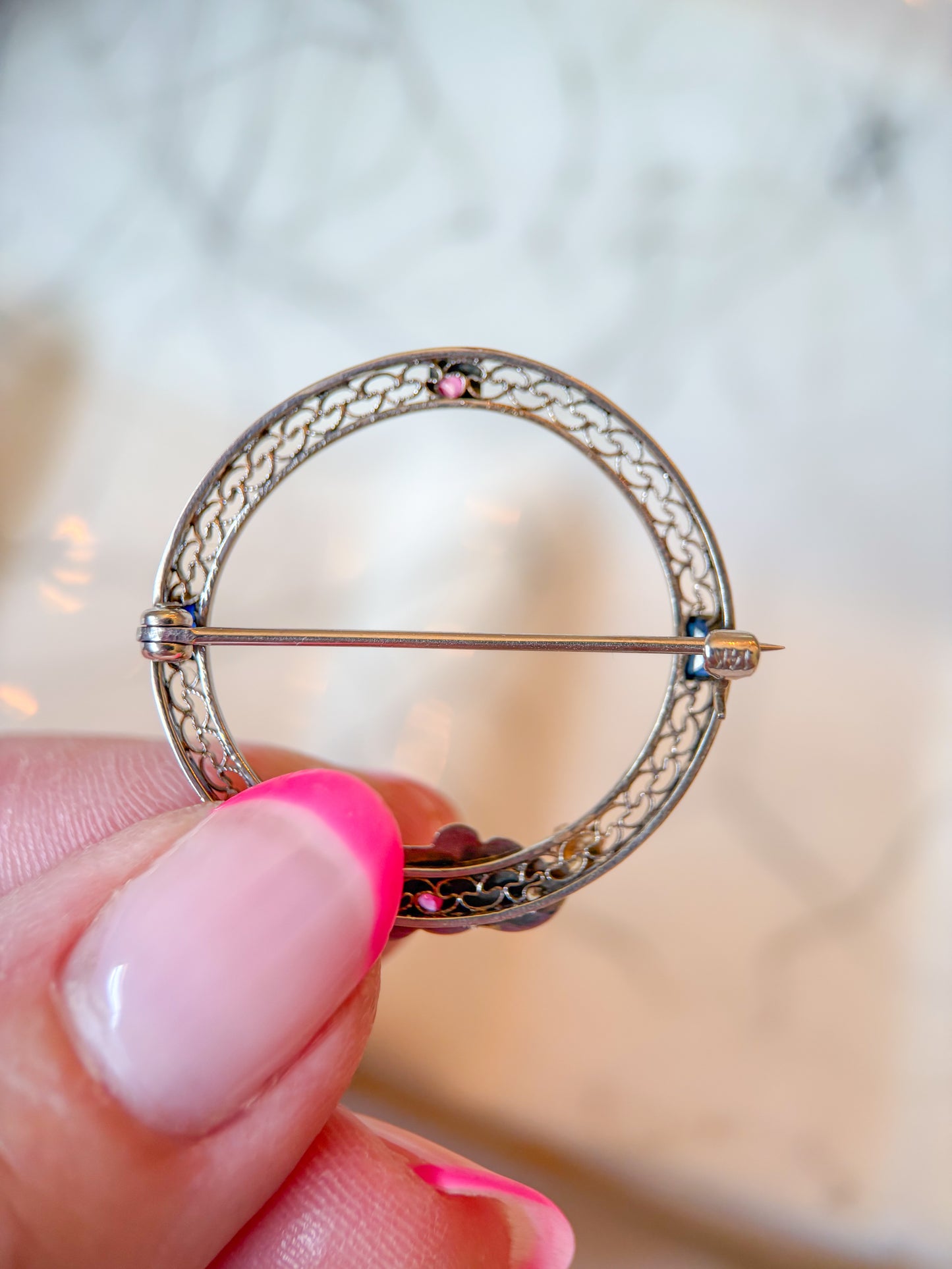 Vintage Art Deco 14k White Gold Filigree Brooch Featuring Natural Gemstones