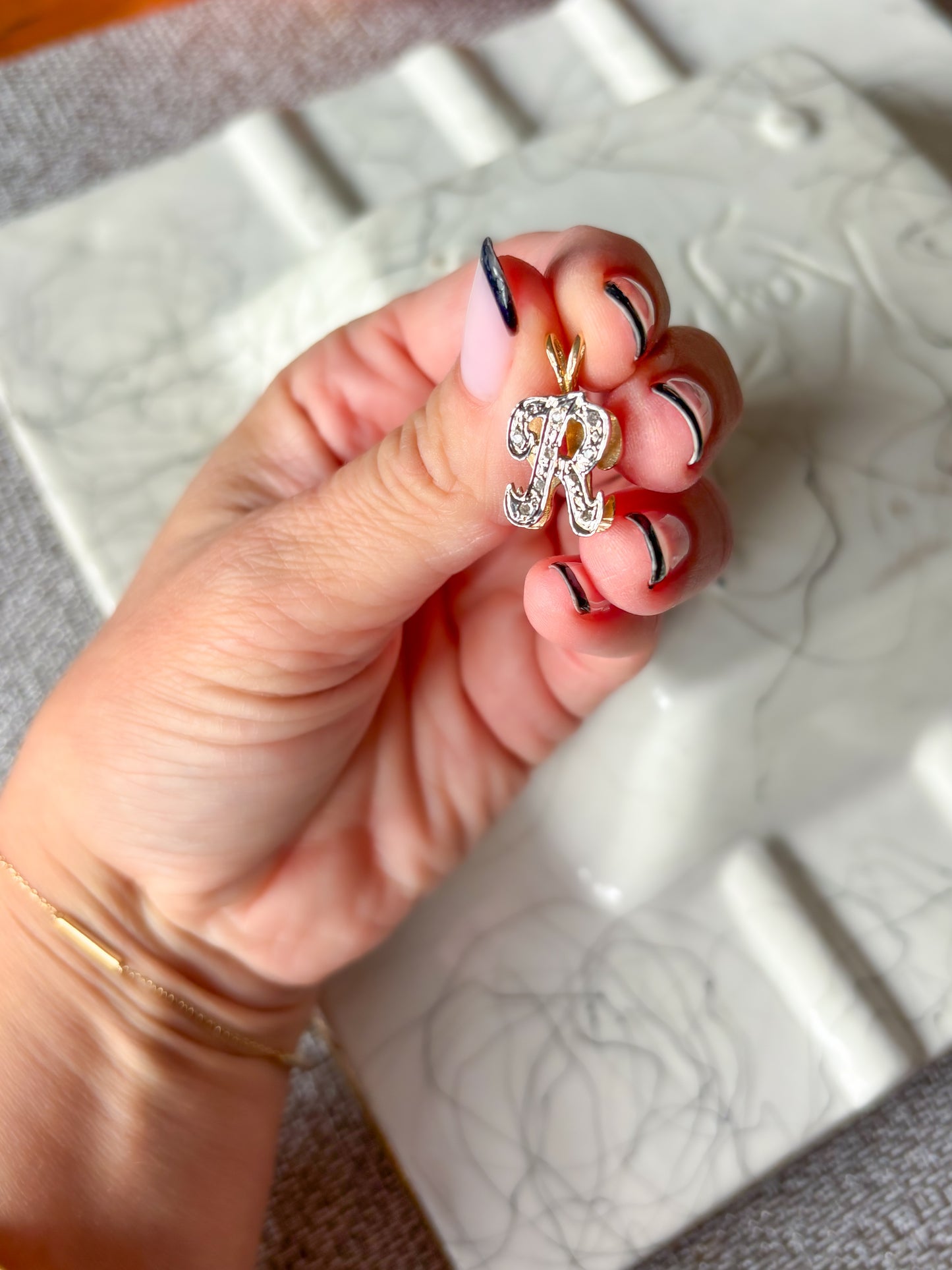 Vintage Natural Diamond Letter "R" 14k Yellow Gold Charm