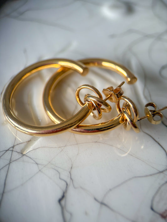 Vintage Large Tube with Knot 14k Yellow Gold Hoop Earrings