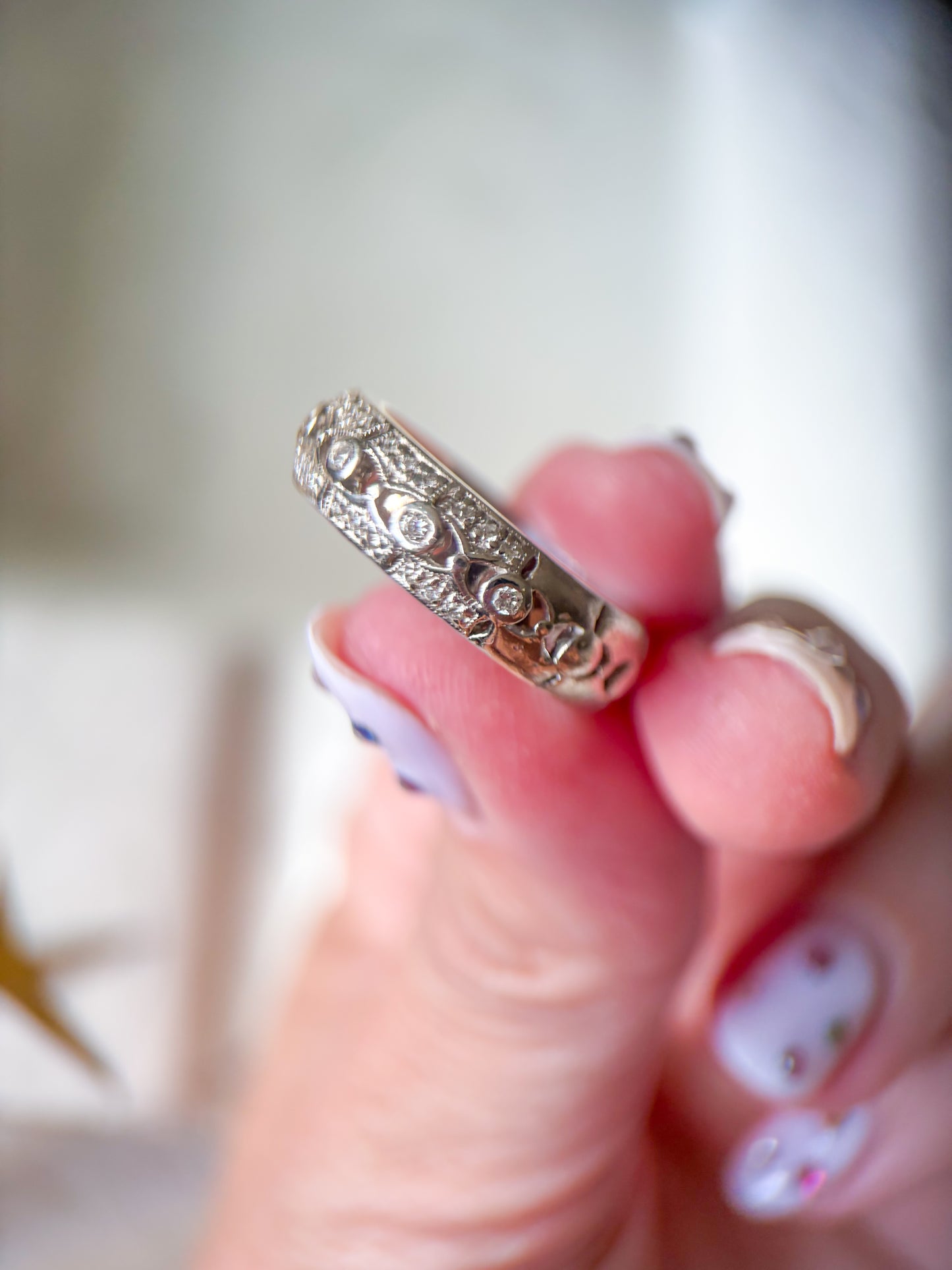 Vintage Natural Diamond Half Band 18k White Gold Ring