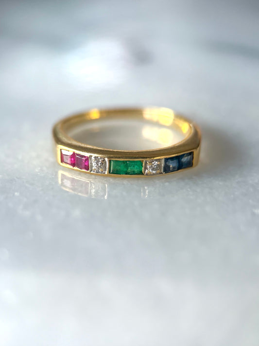 Vintage Natural Diamond, Ruby, Emerald and Sapphire 14k Yellow Gold Ring