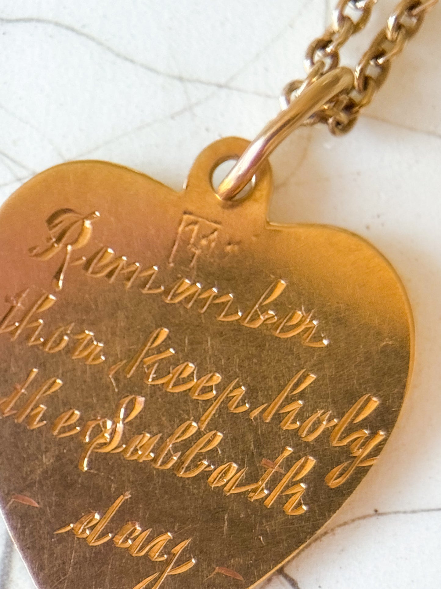 Vintage Engine Turned Heart 14k Yellow Gold Charm, Engraved: "Remember thou keep holy the Sabbath day"