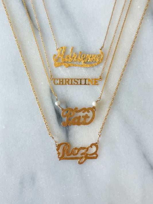 Vintage Name Plate Necklaces - "Adrienne", "Christine", "Pat", "Roz" - 14k Yellow Gold Charms