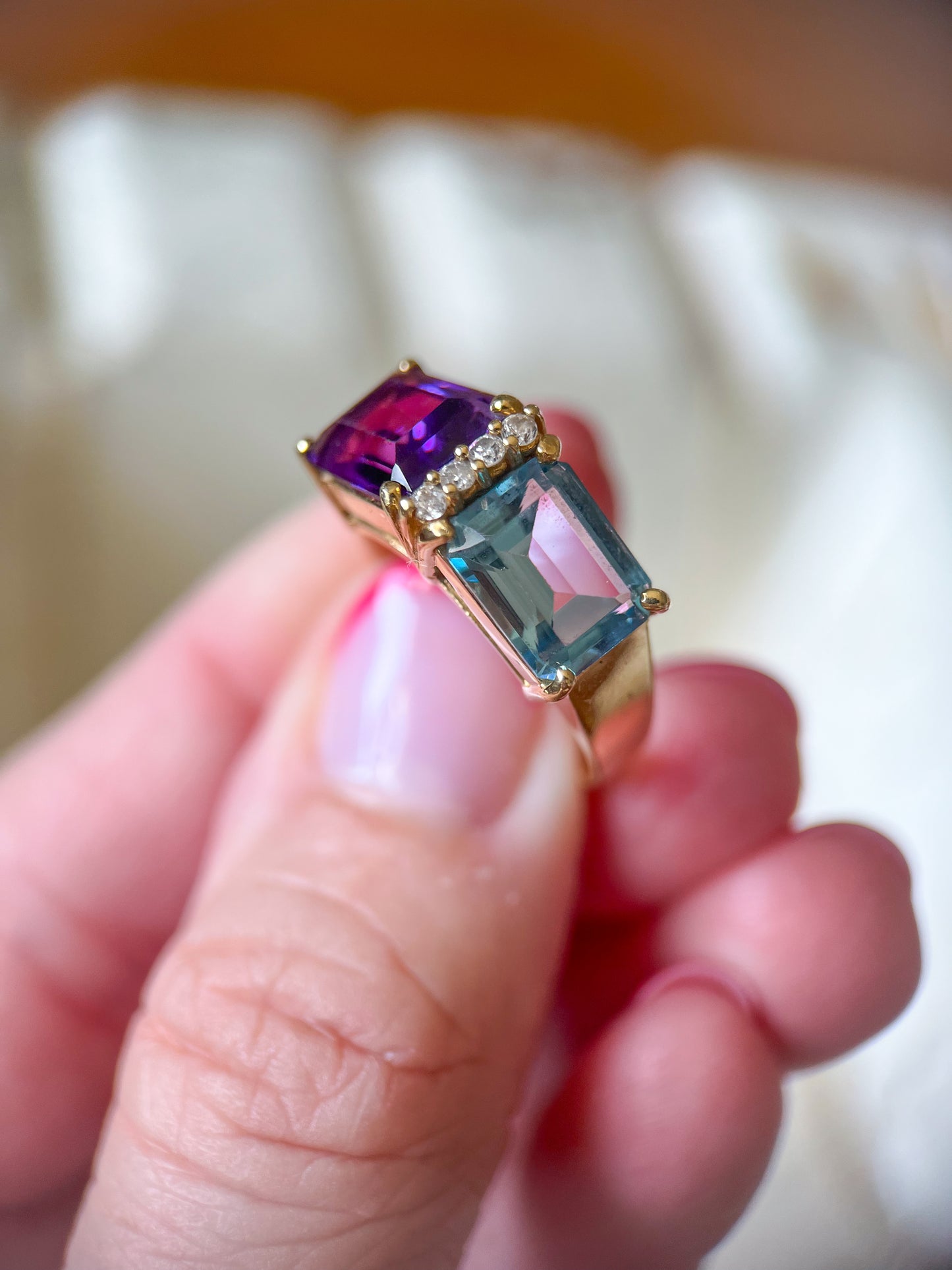 Vintage Natural Amethyst and Topaz Two Stone Ring with Natural Diamonds 14k Yellow Gold, circa 1980s