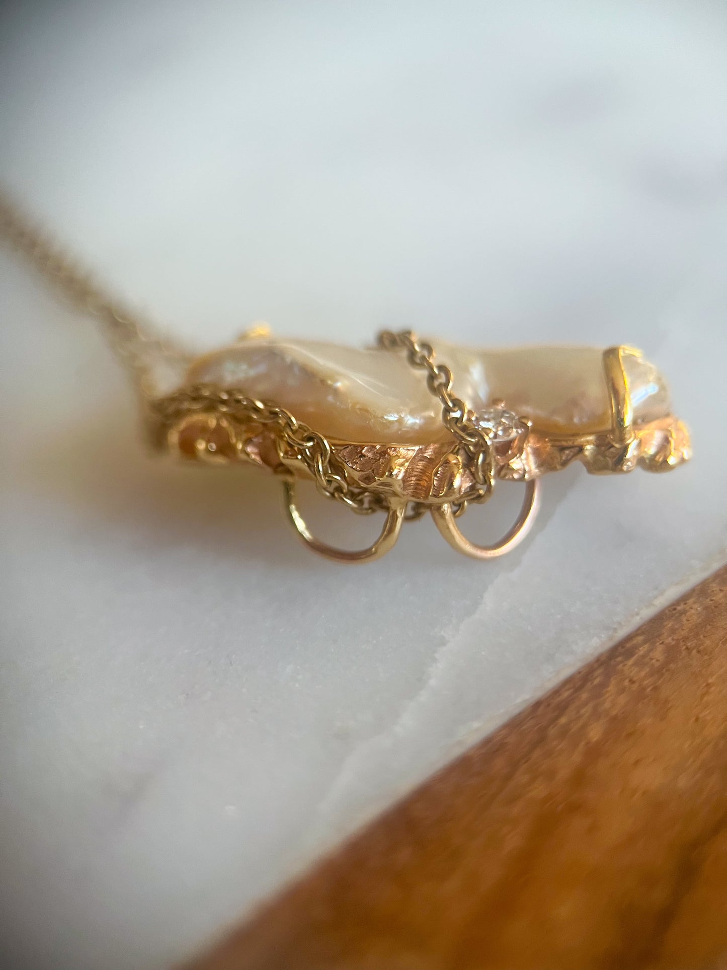 Vintage Pearl and Natural Diamond 14k Yellow Gold Brooch