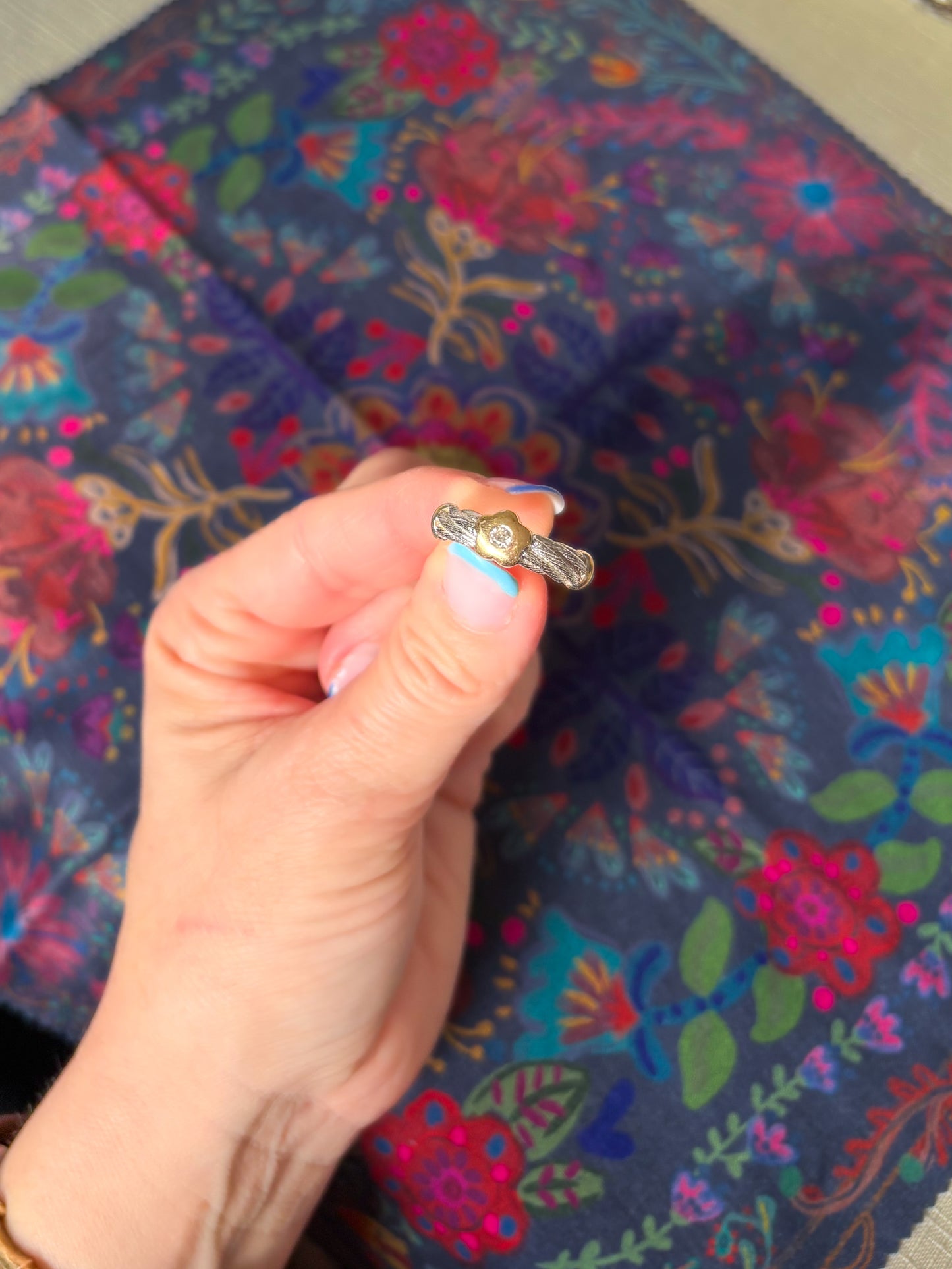 Vintage Flower with Natural Diamond Two Toned 14k White and Yellow Gold Ring