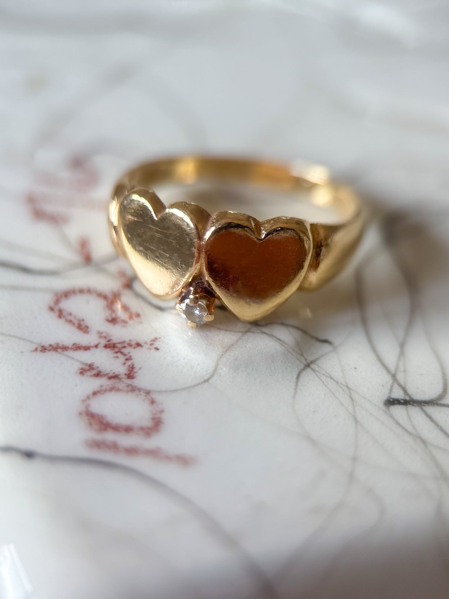 Vintage Double Heart with Natural Diamond 14k Yellow Gold Ring