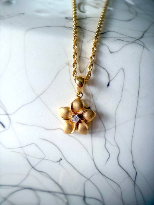 Vintage Flower with Natural Diamond 14k Yellow Gold Charm