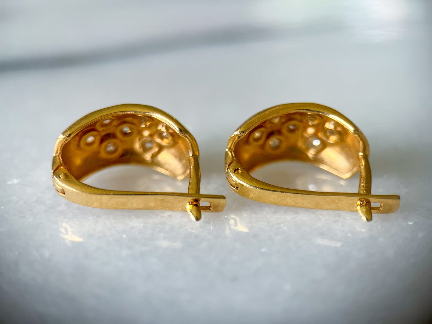 Vintage 14k Yellow Gold Matte Half Hoops with CZ Earrings