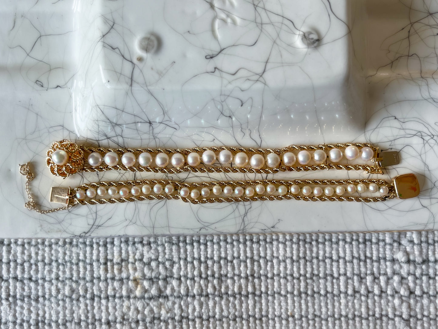Various Vintage Pearl and Rope Chain 14k Yellow Gold Bracelets
