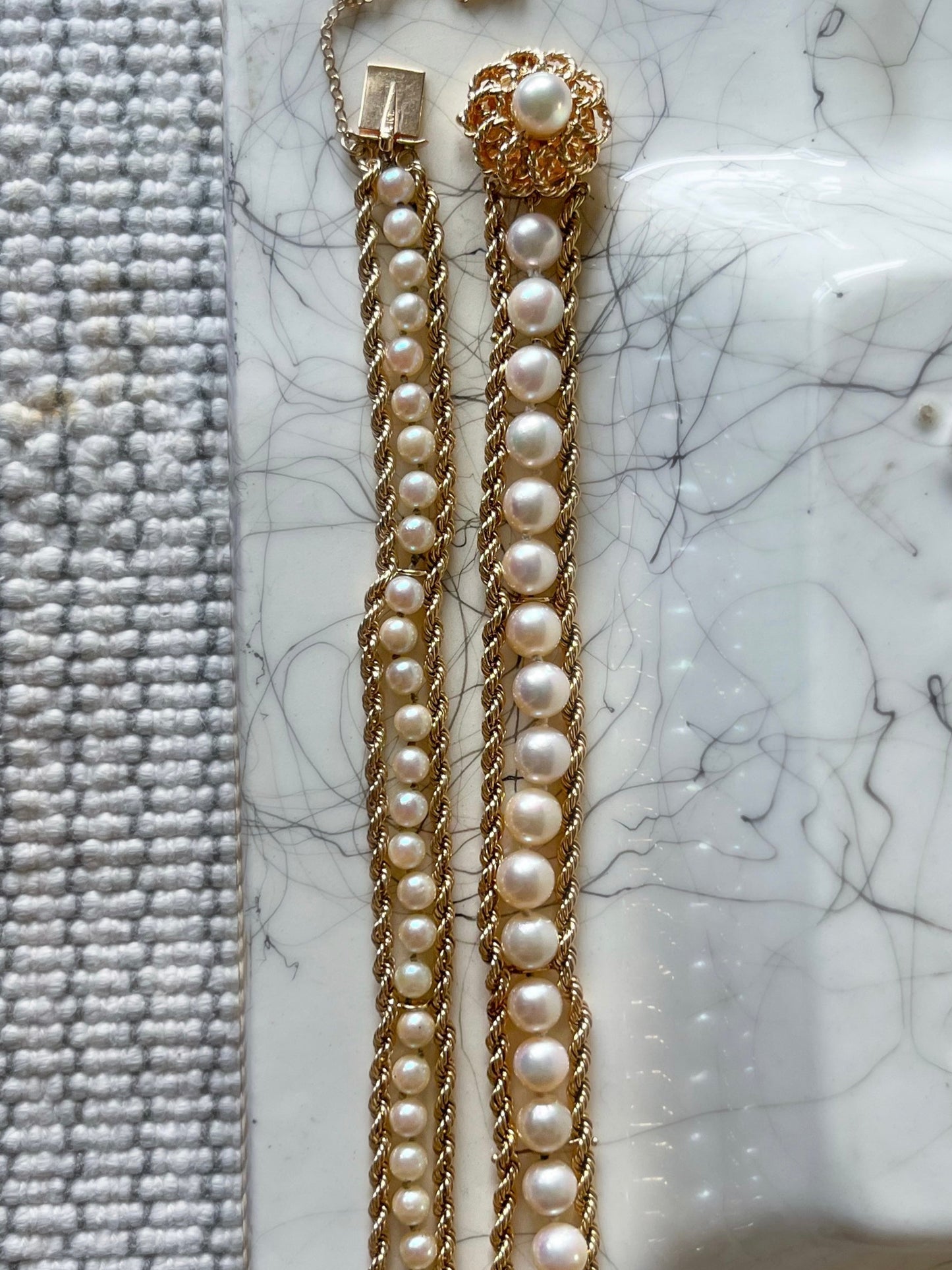 Various Vintage Pearl and Rope Chain 14k Yellow Gold Bracelets